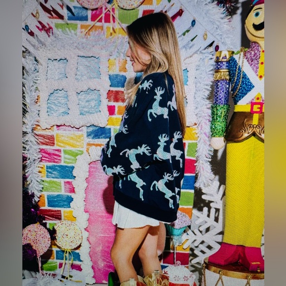 Queen of Sparkles Navy Sweatshirt with Sequin Reindeer and Rudolph New Listing - Picture 2 of 10